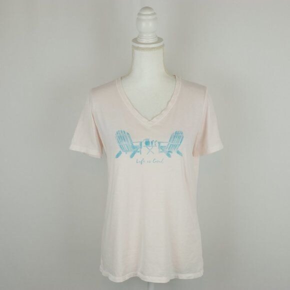 Life Is Good Women's Medium Pink Blue V-Neck Adirondack Graphic Short Sleeve Tee - Picture 1 of 7